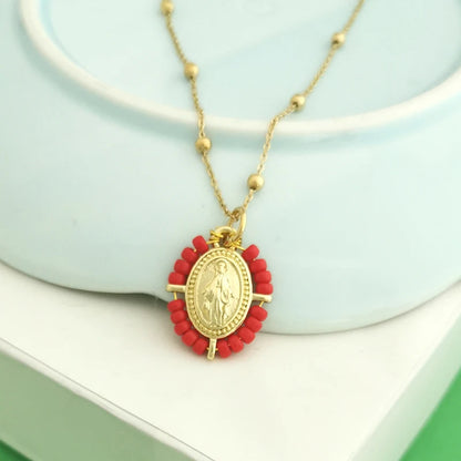 QMHJE Collana con ciondolo Vergine Maria Collana da donna con croce Girocollo Perline Catena in acciaio inossidabile Colore oro Boho Bianco Nero Rosa