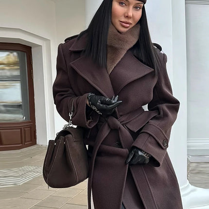 Fashion Solid Women's Wool Coat Lapel Double Breasted Button Long Sleeves Loose Coat Chic 2026 Autumn Winter New Street Wear