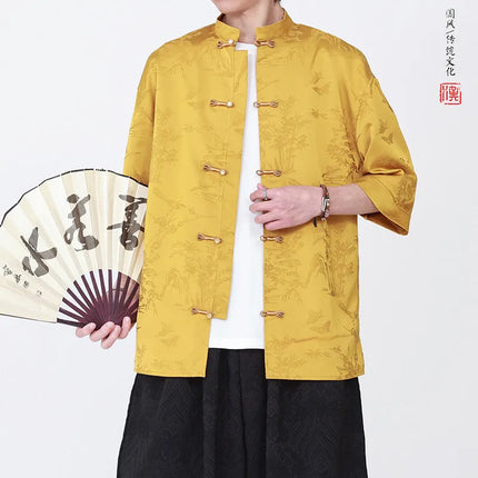 Camicie Estive da Uomo di Lusso in Jacquard Traspirante a Maniche Corte, Stile Cinese Tradizionale Kung Fu Tai Chi, Camicia Casual da Uomo