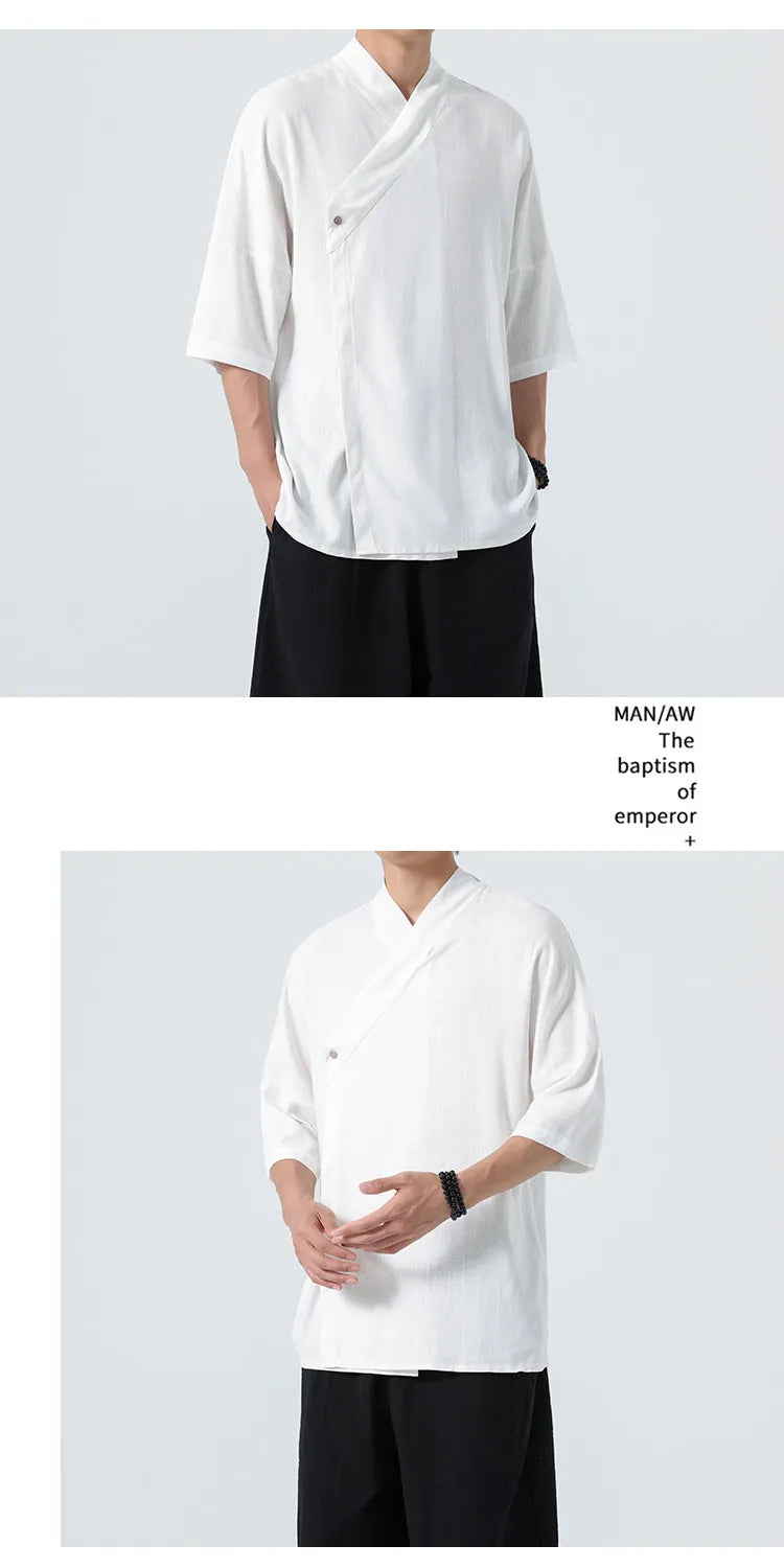 Camicie Estive 2026 da Uomo, Stile Cinese Retrò Tradizionale in Lino Traspirante, Abbigliamento Maschile per Kung Fu e Tai Chi, Bluse Casual Stile Tang
