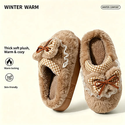 Kawaii Winter Warm Cotton Slippers Women Plaid Bowknot Lace Ruffle Plush Thick Platform Non-Slip Indoor Casual Shoes