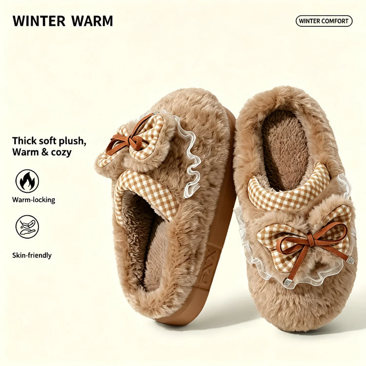 Kawaii Winter Warm Cotton Slippers Women Plaid Bowknot Lace Ruffle Plush Thick Platform Non-Slip Indoor Casual Shoes