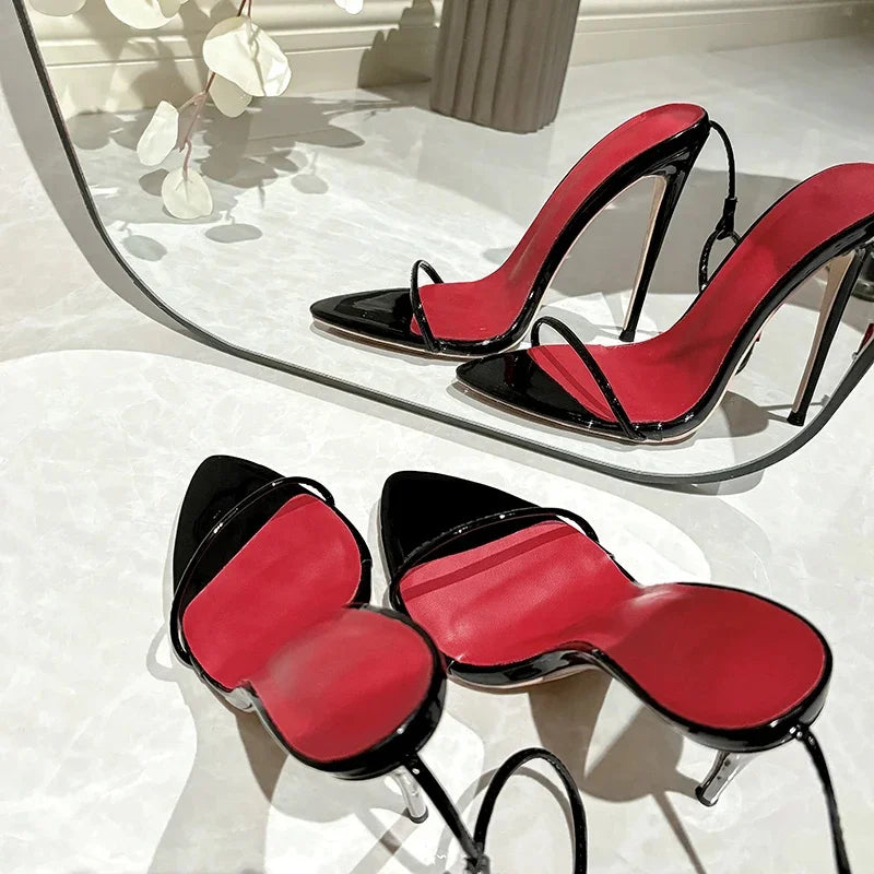 Black red sexy sandals metal buckle straps 12cm super high thin heel pointed open toe white handmade summer lady sandals LX032