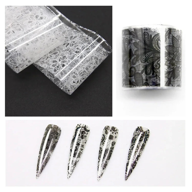 10 Rolls 2.5*50cm New Black White Lace Transfer Foil Nail Art Sexy Full Wraps Flower Glue Adhesive DIY Manicure Styling Tools 2028
