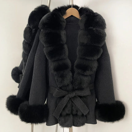 Real Fur Wool Jacket Fashion Reality Fur Jacket Women Natural Fox Fur Cuffs Winter Clothing Female Elegant with Belt Woolen Coat