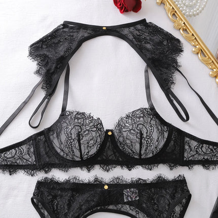Tornova Erotic Lingerie Fashion Style Eyelash Lace Hollow See-through Sexy Women Luxurious Body Shaping Adjustable Bra Split Set