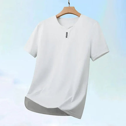 2025 New Men's Business Casual Three Button V-neck Short Sleeved T-shirt Korean Style Summer Comfortable Versatile Top PlatiNum