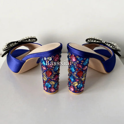 Sandali con tacco alto da donna estivi in seta blu con strass colorati e decorazioni a nodo a farfalla in cristallo per ragazze