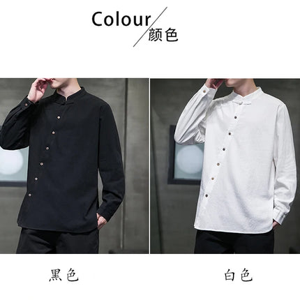 Camicie di lino in cotone Stile cinese Abito tradizionale retrò Tang Top da uomo Kung Fu Tai Chi Camicie casual a maniche lunghe in tinta unita da uomo