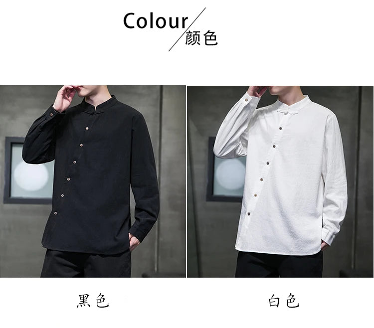 Camicie di lino in cotone Stile cinese Abito tradizionale retrò Tang Top da uomo Kung Fu Tai Chi Camicie casual a maniche lunghe in tinta unita da uomo