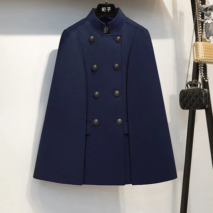 French Elegant Retro Hepburn Style Stand Collar Double-breasted Loose Temperament Commuter Woolen Jacket Cape Cloak Women Autumn