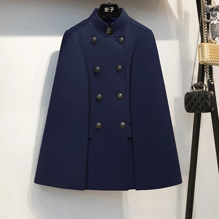 French Elegant Retro Hepburn Style Stand Collar Double-breasted Loose Temperament Commuter Woolen Jacket Cape Cloak Women Autumn