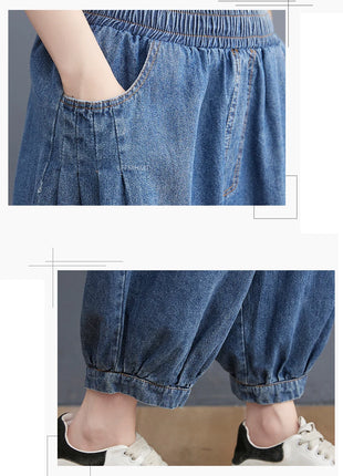 Jeans Vintage tinta unita da donna moda estiva pantaloni larghi in Denim elasticizzato in vita femminile pantaloni Harem alla caviglia stile giapponese