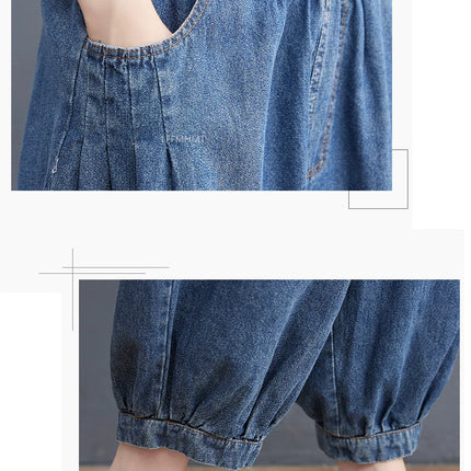Jeans Vintage tinta unita da donna moda estiva pantaloni larghi in Denim elasticizzato in vita femminile pantaloni Harem alla caviglia stile giapponese