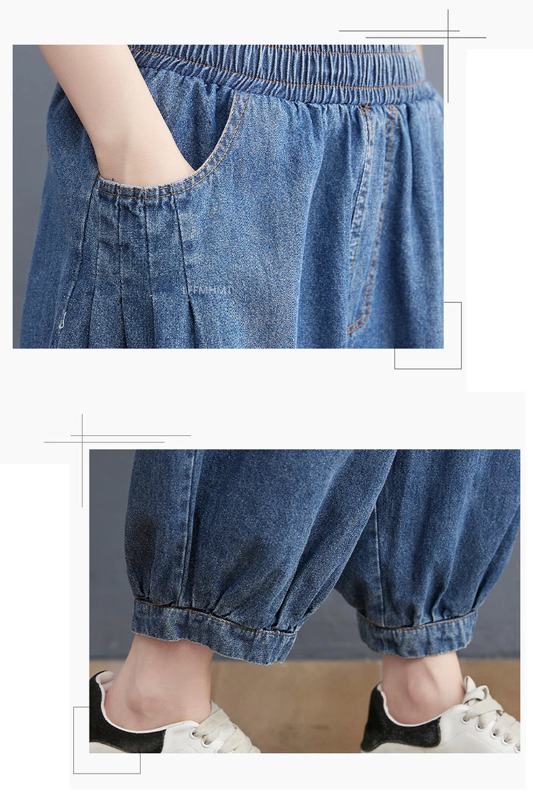 Jeans Vintage tinta unita da donna moda estiva pantaloni larghi in Denim elasticizzato in vita femminile pantaloni Harem alla caviglia stile giapponese