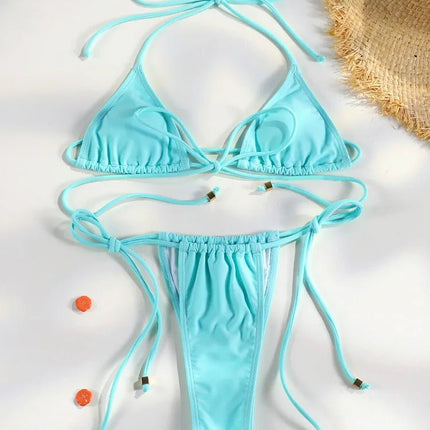 Set Bikini Triangolo Sexy Micro Thong, Costume da Bagno Donna, Biquini con Lacci, Abbigliamento da Spiaggia Stampato, Bikini Thong platinumshop