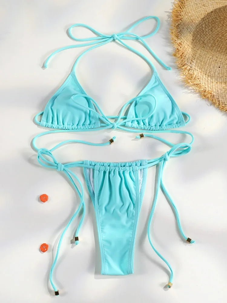 Set Bikini Triangolo Sexy Micro Thong, Costume da Bagno Donna, Biquini con Lacci, Abbigliamento da Spiaggia Stampato, Bikini Thong platinumshop