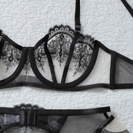 Tornova Erotic Underwear Fashionable See-through Veil with Floral Embroidery Slim-fitting Sexy Hot Underwear Split Five-pieceset