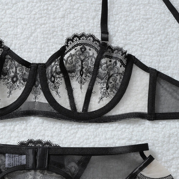 Tornova Erotic Underwear Fashionable See-through Veil with Floral Embroidery Slim-fitting Sexy Hot Underwear Split Five-pieceset