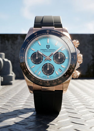 Nuovo Orologio da Uomo PAGANI DESIGN Cronografo di Lusso in Oro Rosa, Quadrante Blu Ghiaccio 40mm, Vetro Zaffiro, Impermeabile 100M, Cinturino in Gomma, Orologio Sportivo Maschile + CONFEZIONE REGALO