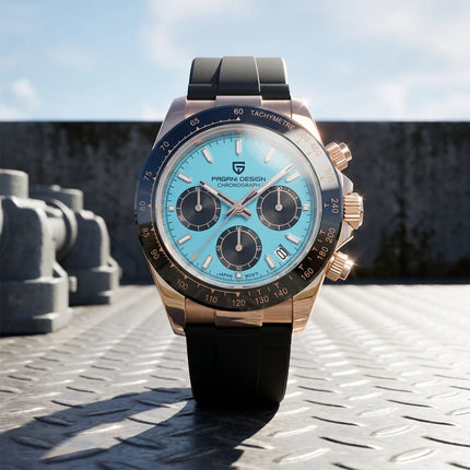 Nuovo Orologio da Uomo PAGANI DESIGN Cronografo di Lusso in Oro Rosa, Quadrante Blu Ghiaccio 40mm, Vetro Zaffiro, Impermeabile 100M, Cinturino in Gomma, Orologio Sportivo Maschile + CONFEZIONE REGALO