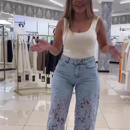 Jeans a Vita Alta e Gamba Larga, Pantaloni Estivi alla Moda con Inserti in Pizzo, Jeans in Denim Traforato e Drappeggiato, Jeans da Donna in Cotone con Cerniera per Primavera
