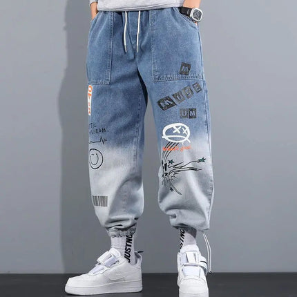 Men's Distressed Denim Pants Cuffed, Artistic Gradient Harem Jeans, Oversized Hip Hop Trousers for Spring Fall Versatile Outfits PlatiNum