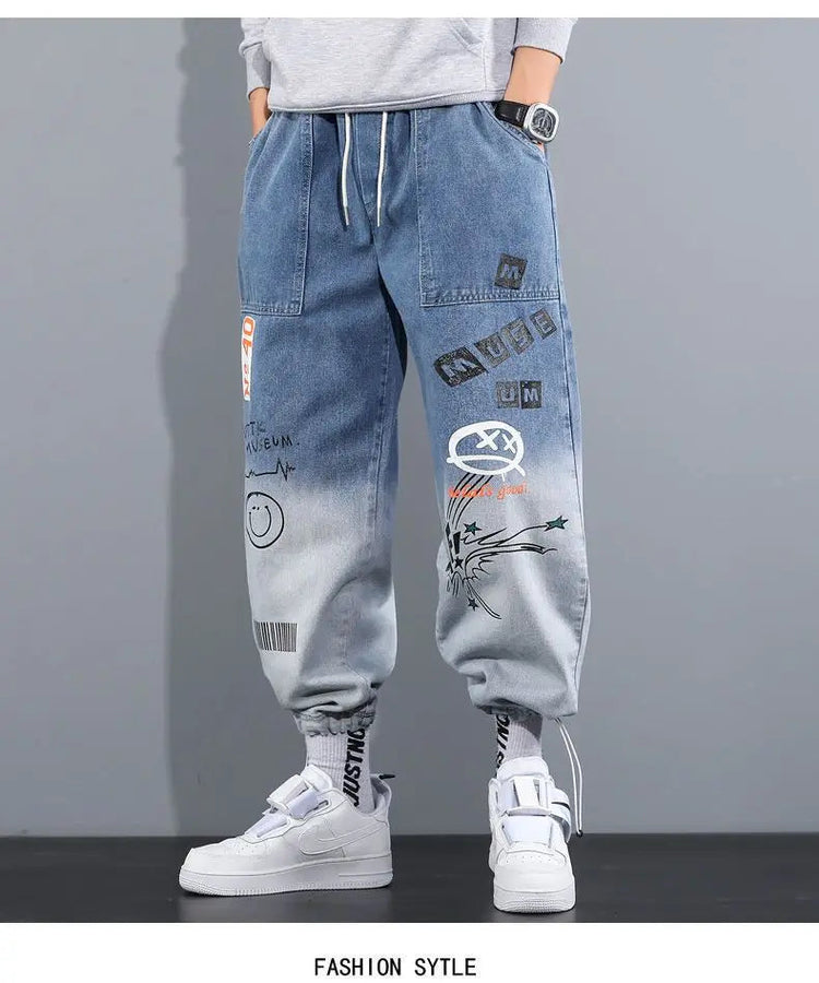 Men's Distressed Denim Pants Cuffed, Artistic Gradient Harem Jeans, Oversized Hip Hop Trousers for Spring Fall Versatile Outfits PlatiNum