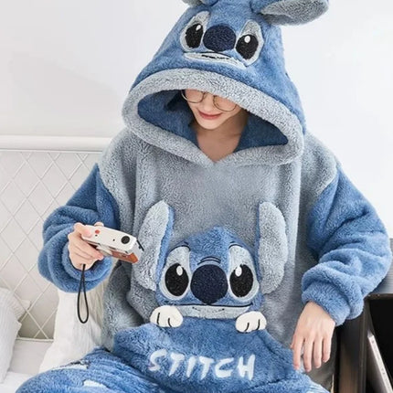 Anime Stitch Pajamas Cute Winter Flannel Thick Sleepwear Set Couple Homewear Warm Comfortable Windproof Long Sleeved Pants Gift