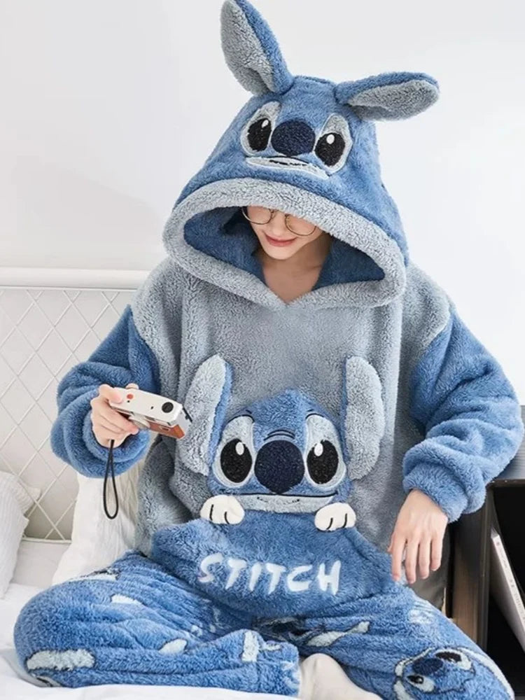 Anime Stitch Pajamas Cute Winter Flannel Thick Sleepwear Set Couple Homewear Warm Comfortable Windproof Long Sleeved Pants Gift