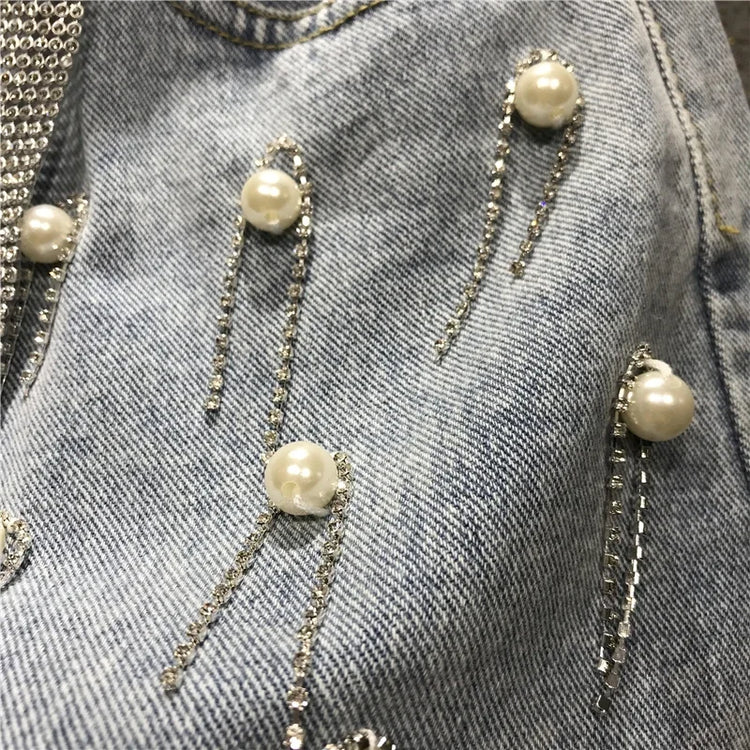 Pantaloncini di jeans bianchi blu irregolari strappati con nappe con strass a vita alta da donna estivi Pantaloncini di jeans coreani da donna