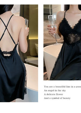 2025 nuova camicia da notte sexy canotta da donna in pizzo indumenti da notte per la casa in raso co