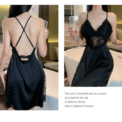 2025 nuova camicia da notte sexy canotta da donna in pizzo indumenti da notte per la casa in raso con scollo a V profondo backless canotta di lusso indumenti da notte plus size rosso nero