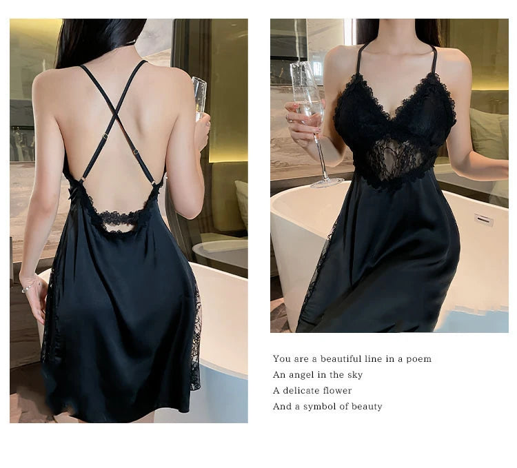 2025 nuova camicia da notte sexy canotta da donna in pizzo indumenti da notte per la casa in raso co