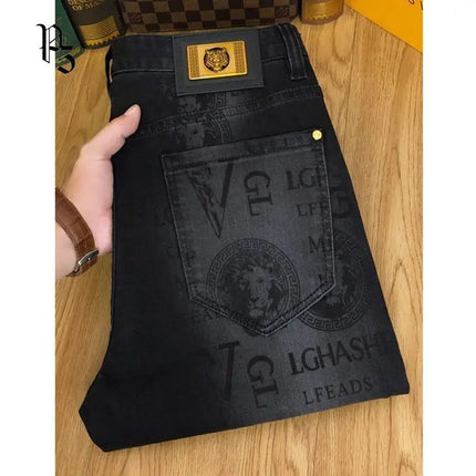 Spring and Autumn Korean Slim Jeans for Men 2025 High-end Luxury Clothing Black Printing Mid-waist Stretch Casual Pencil Pants PlatiNum
