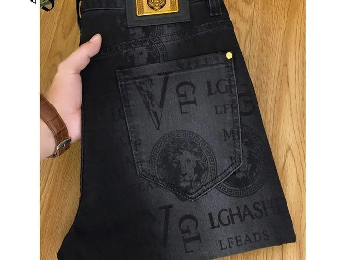 Spring and Autumn Korean Slim Jeans for Men 2025 High-end Luxury Clothing Black Printing Mid-waist Stretch Casual Pencil Pants PlatiNum
