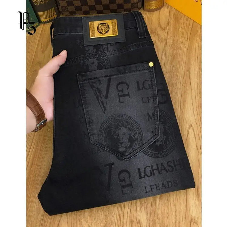 Spring and Autumn Korean Slim Jeans for Men 2025 High-end Luxury Clothing Black Printing Mid-waist Stretch Casual Pencil Pants PlatiNum