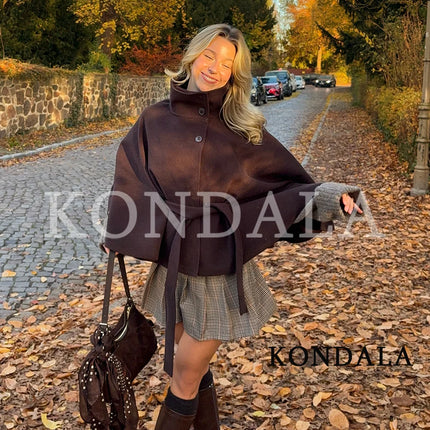KONDALA Women Fall Casual Elegant Cloak Jacket Stand-Collar Soft Tweed Belt Jacket New 2026 Autumn Winter Trendy Cape Style Coat