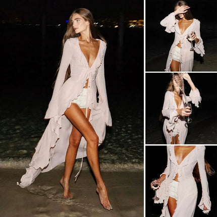 Moda scollo a V Summer Beach Cover Up Abito da spiaggia a maniche lunghe con volant Costume da bagno Vacanza Bikini Grembiule per protezione solare per le donne platinumshop
