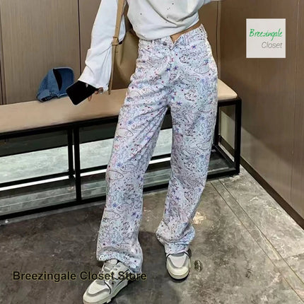 American ins graffiti jeans a fiori stampati completi da donna primavera ed estate nuovo design alla moda pantaloni larghi a vita alta