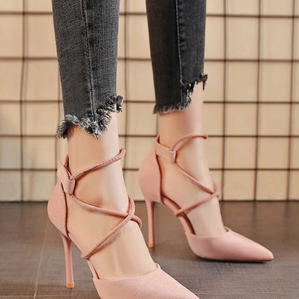 2021 Estate europea e americana pelle scamosciata a punta croce cinturino scarpe tacco alto banchetto da donna discoteca sandali sexy con tacco sottile