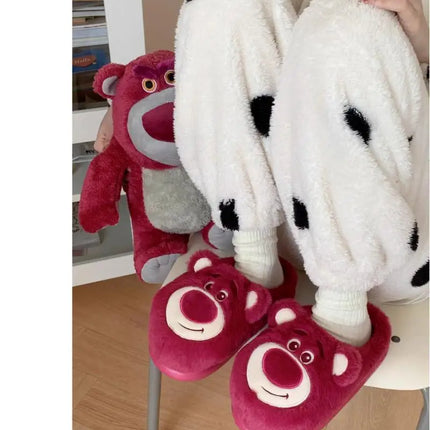 Fashion Strawberry Bear Girl Plush Cotton Slippers for Winter Warmth Indoor with Soft Plush Leisure Cotton Slippers Gifts