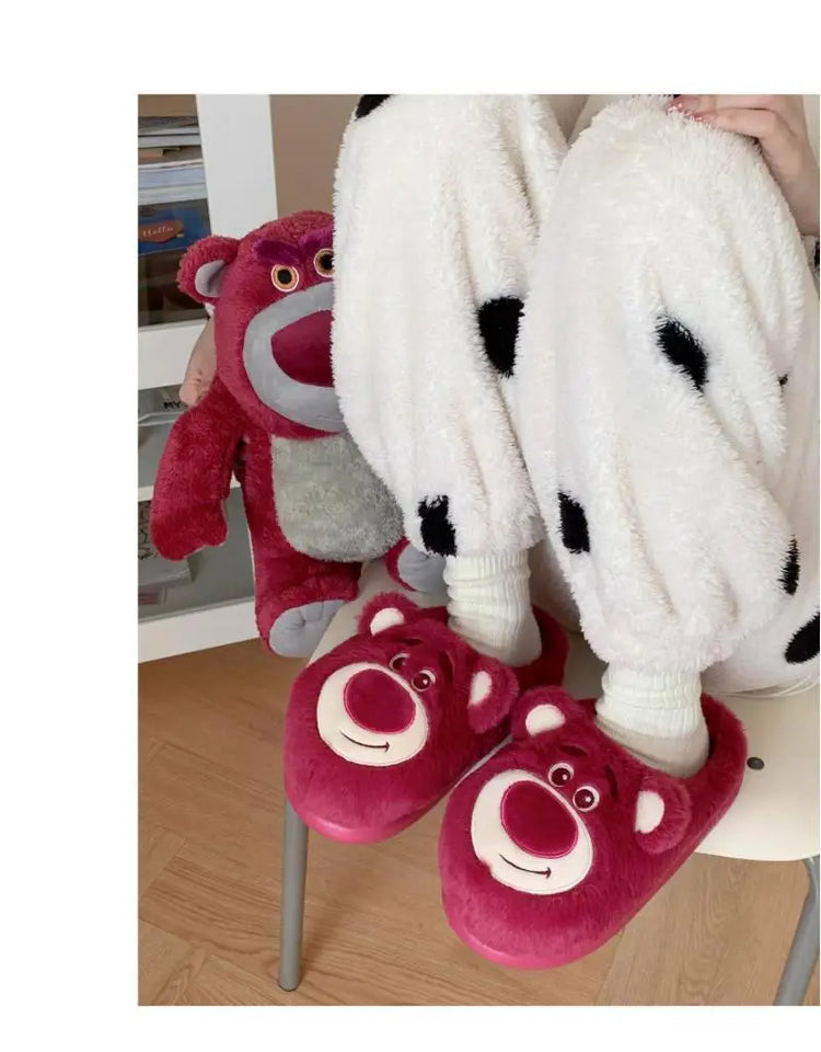 Fashion Strawberry Bear Girl Plush Cotton Slippers for Winter Warmth Indoor with Soft Plush Leisure Cotton Slippers Gifts
