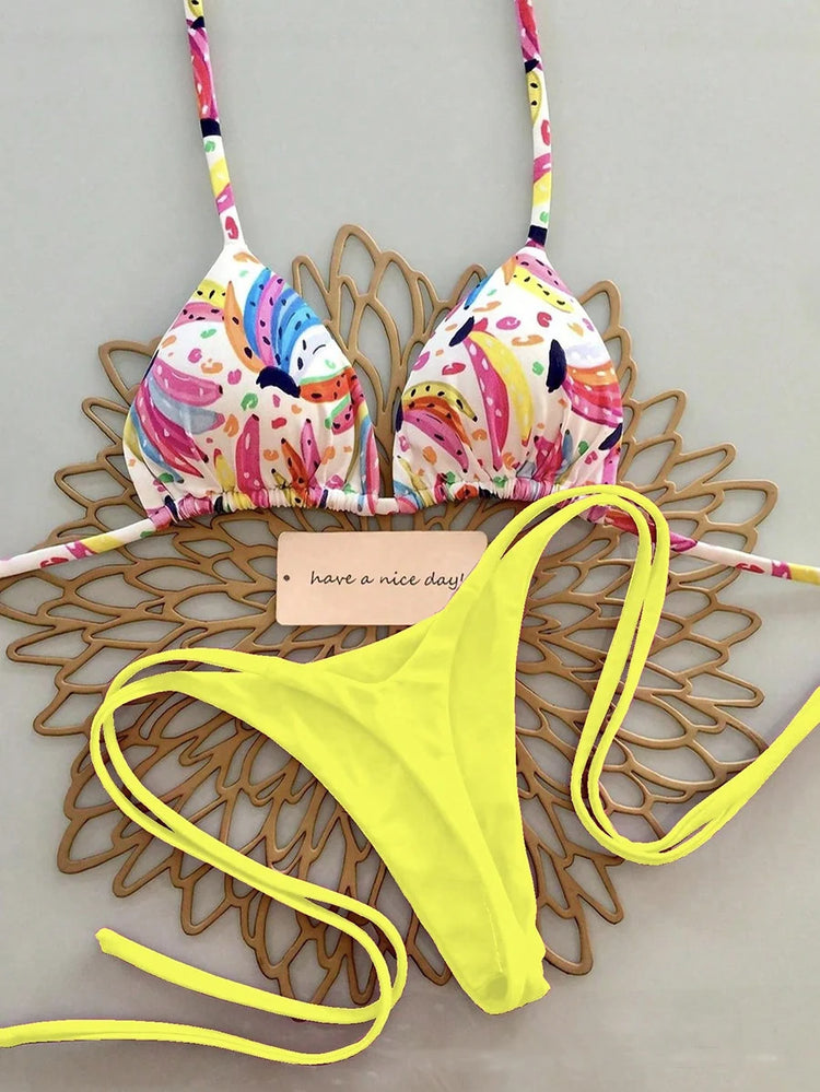 Micro Bikini 2026 Costume da Bagno Donna Sexy Brasiliano Halter String Biquini Push Up Stampa Abbigliamento da Spiaggia Femminile