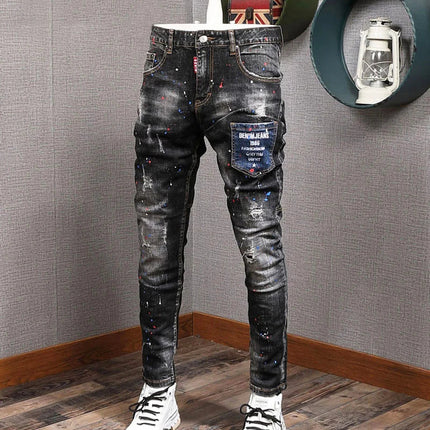Fashion Streetwear Men Jeans Retro Black Blue Elastic Slim Fit Ripped Jeans Men Spliced Designer Embroidery Hip Hop Denim Pants PlatiNum