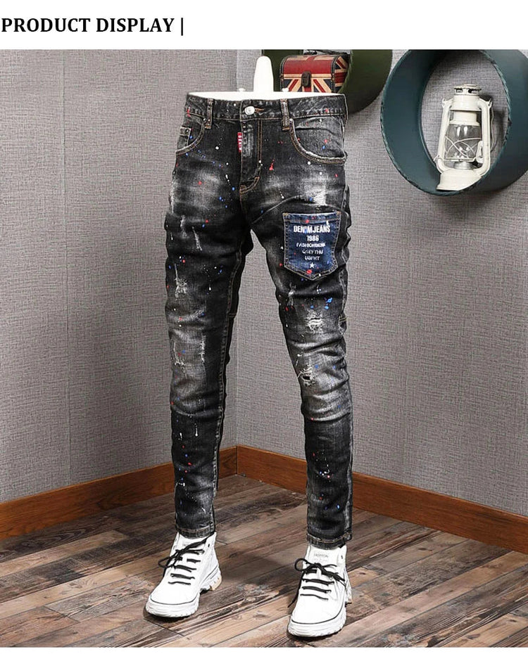 Fashion Streetwear Men Jeans Retro Black Blue Elastic Slim Fit Ripped Jeans Men Spliced Designer Embroidery Hip Hop Denim Pants PlatiNum