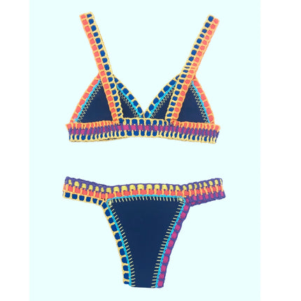 Costume da bagno donna sexy fatto a mano bikini blu costume da bagno patchwork rosso violaceo bikini elastico all'uncinetto nero set biquini in maglia PlatiNum