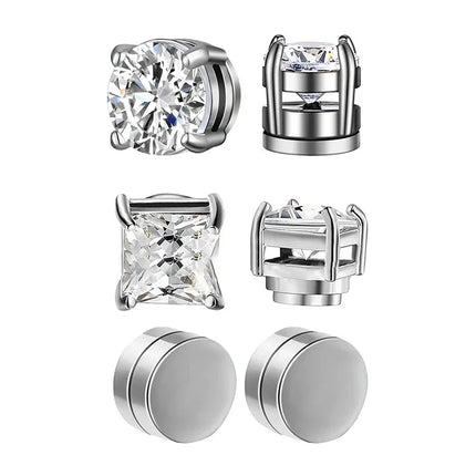 1/3Pairs 6MM Crystal Magnetic No-Pierce Stainless Steel Stud Earrings for Men Punk Zircon Magnet Earrings Non Piercing Jewelry PlatiNum