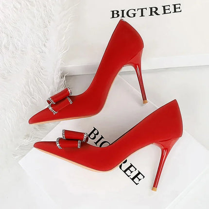 BIGTREE New Fashion Women Dress Shoes 10cm tacchi alti Shallow Toe Crystal Butterfly Knots Lady Red Silk Shoes taglia 34-40