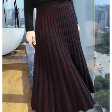 Autumn And Winter Fashion Mink Cashmere Mid Length High Waist Skirt For Women, Knitted Umbrella Skirt, Fashionable Pleated Skirt PlatiNum